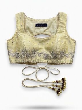 Lashkaraa Yellow Silk Organza Choli Blouse Silver Mirror Work Embroidery Medium